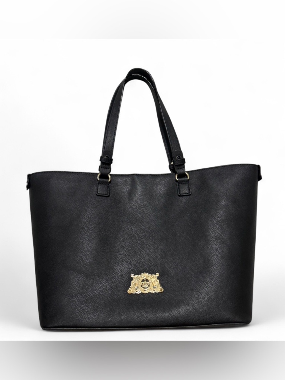 Juicy Couture Black Saffiano Leather Tote with Gold Crest Accent